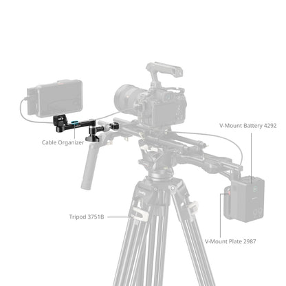 SmallRig Magic Arm Swivel Head mounted on a Sony camera rig with monitor, tripod, and V-Mount battery setup – cable organiser shown.