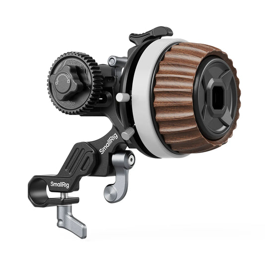 Close-up of SmallRig Modular Follow Focus F60 showing wooden focus knob and gear mechanism.