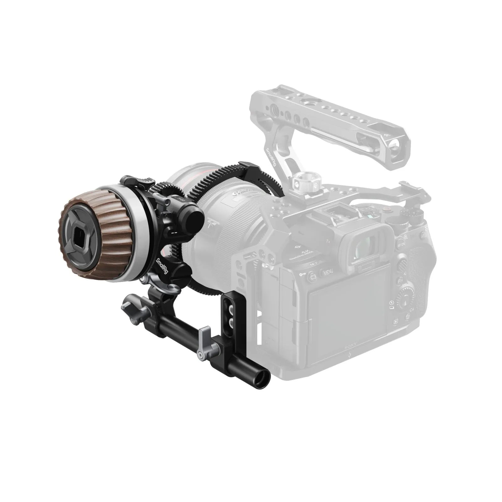 Side view of Follow Focus F60 mounted on cinema camera with focus gear engaged.