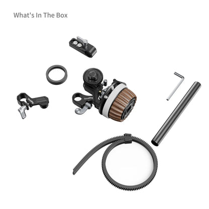 What's in the box layout of SmallRig Follow Focus F60 components including gear ring and rod.