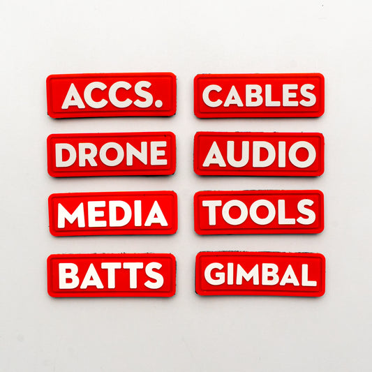 RIGR StakPak Velcro Organiser Tags displayed in a set, showing multiple category labels for gear organisation.