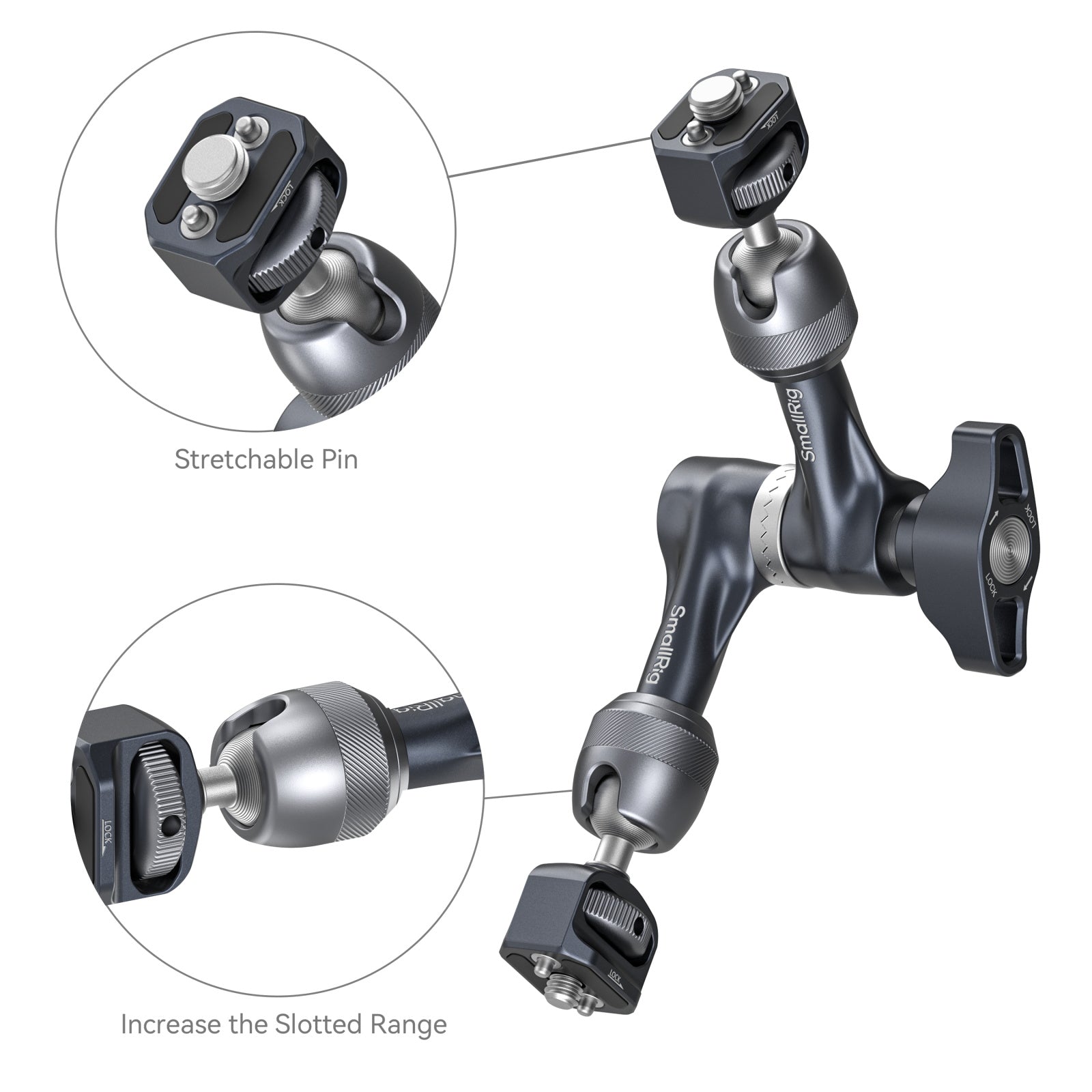 SmallRig Rosette Magic Arm 7-inch with 3/8”-16 ARRI locating screw – close-up showing stretchable pin and slotted range adjustments.