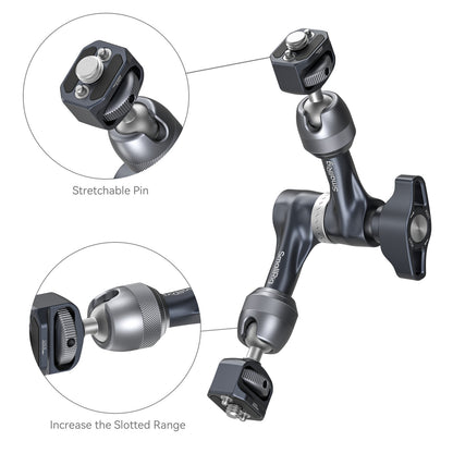 SmallRig Rosette Magic Arm 7-inch with 3/8”-16 ARRI locating screw – close-up showing stretchable pin and slotted range adjustments.