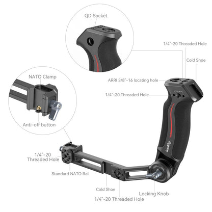 Annotated diagram showing the threaded holes, NATO clamp, ARRI locating hole, and cold shoe mounts.