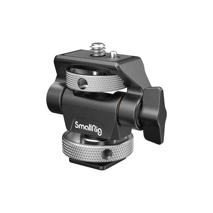 High-resolution front view of the SmallRig Swivel and Tilt Monitor Mount with silver knurled knobs and cold shoe interface.