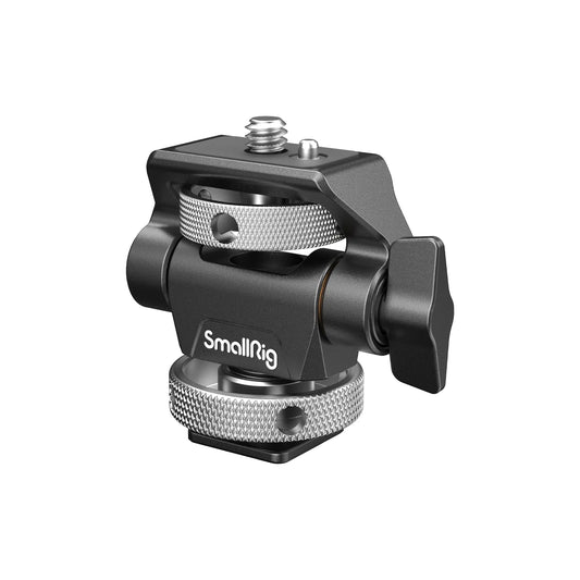 High-resolution front view of the SmallRig Swivel and Tilt Monitor Mount with silver knurled knobs and cold shoe interface.