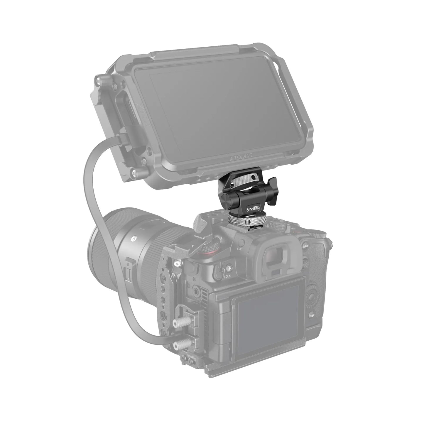 SmallRig monitor mount supporting a field monitor on top of a DSLR camera rig in professional setup.