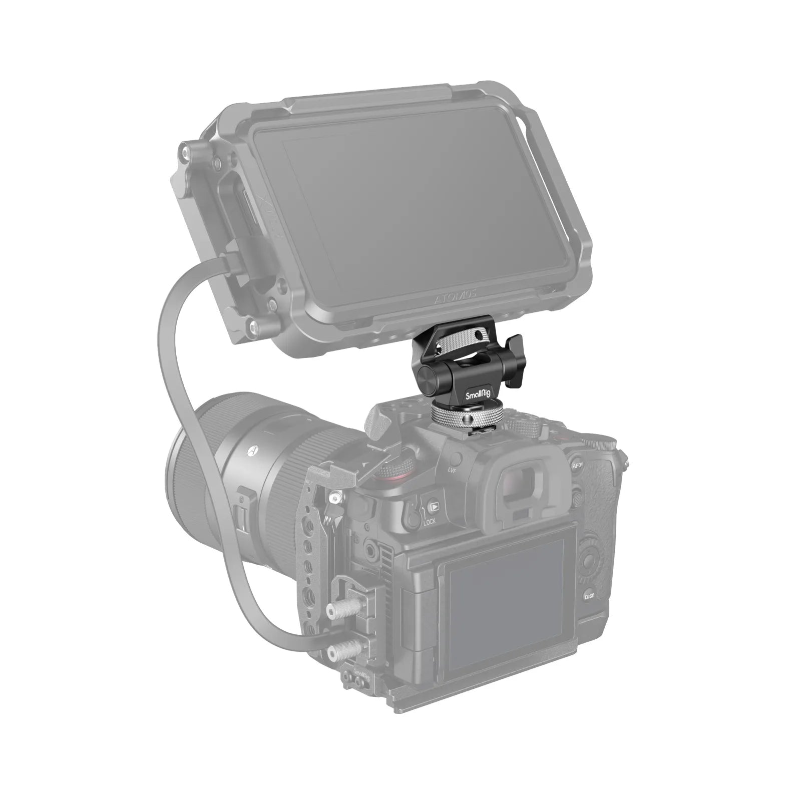 SmallRig monitor mount supporting a field monitor on top of a DSLR camera rig in professional setup.