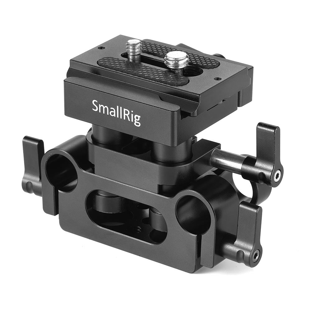 SmallRig 2272 Universal 15mm Rail Support Baseplate front view showing dual rod clamps and Arca quick release plate