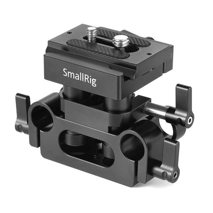 SmallRig 2272 Universal 15mm Rail Support Baseplate front view showing dual rod clamps and Arca quick release plate