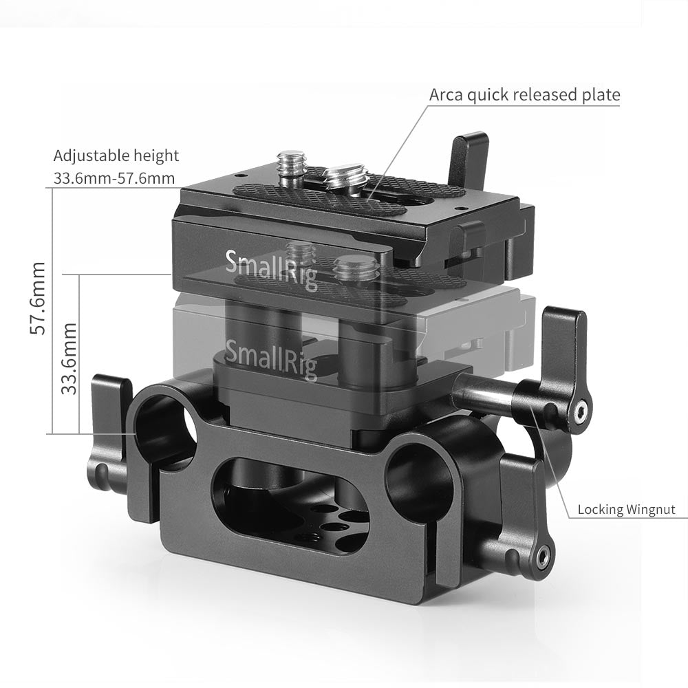 SmallRig 2272 height adjustment diagram — highlighting adjustable height range (33.6mm–57.6mm) and locking wingnuts.