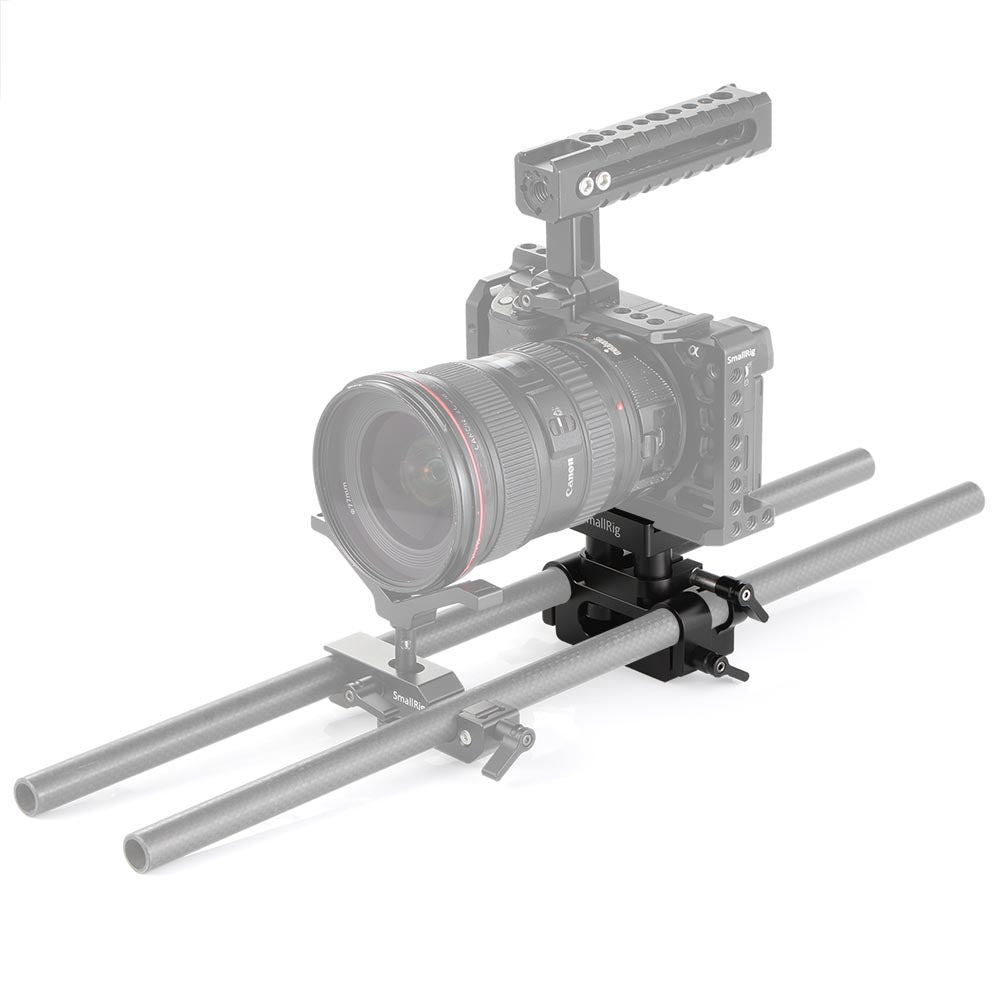 SmallRig baseplate mounted to camera rig front view - attached to 15mm rods with camera cage and lens support.