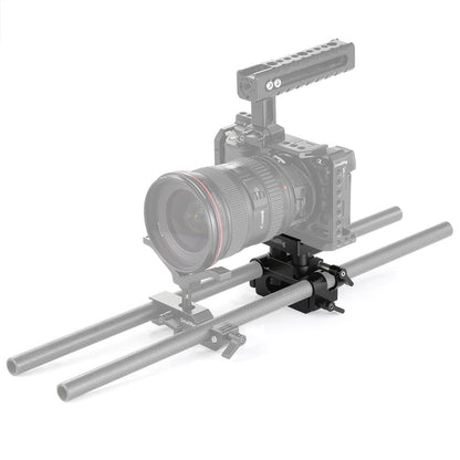 SmallRig baseplate mounted to camera rig front view - attached to 15mm rods with camera cage and lens support.