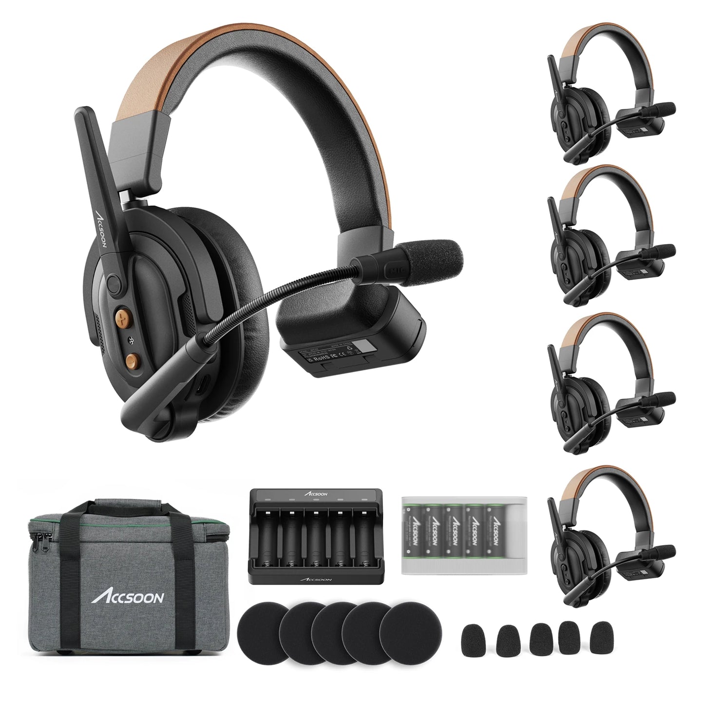 Accsoon 1 Host 4 Remote wireless intercom kit including multiple headsets, charging dock, batteries, foam covers and carry case