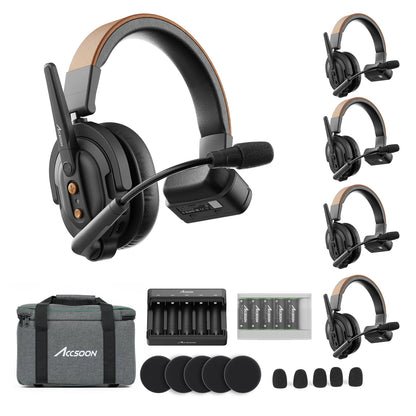 Accsoon 1 Host 4 Remote wireless intercom kit including multiple headsets, charging dock, batteries, foam covers and carry case