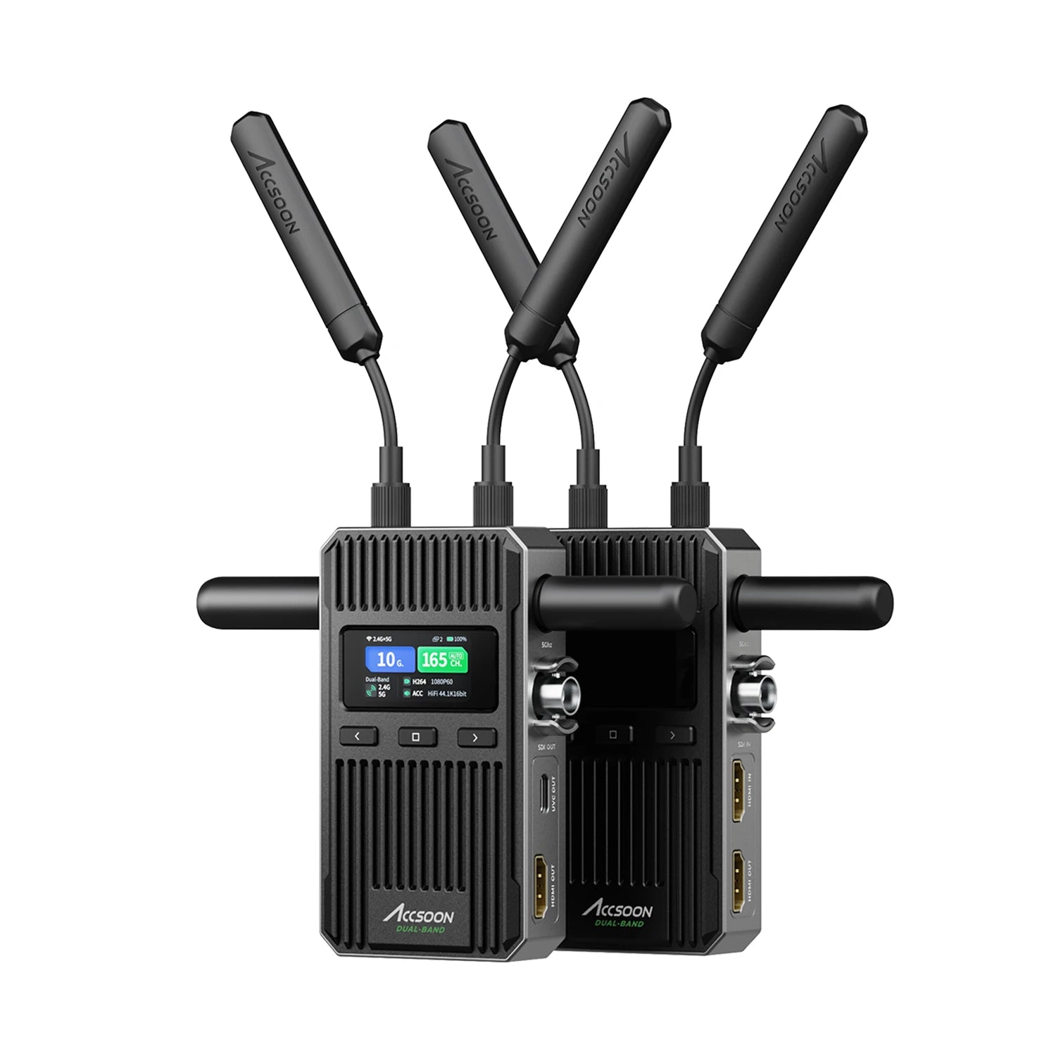 Accsoon CineView dual band wireless video transmitter and receiver set with external antennas and OLED display for professional monitoring