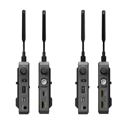 Side view of Accsoon CineView wireless video transmitter and receiver showing HDMI input output, SDI ports, USB-C and power switch controls