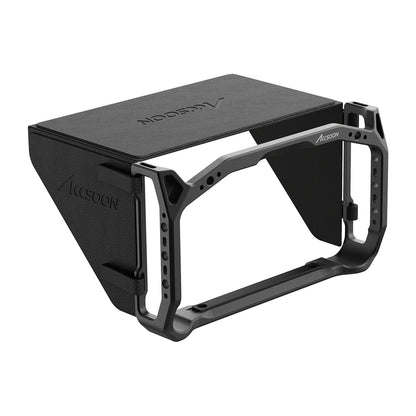 Angled view of Accsoon CineView M7 and M7 Pro monitor cage with multiple mounting points and hood attachment