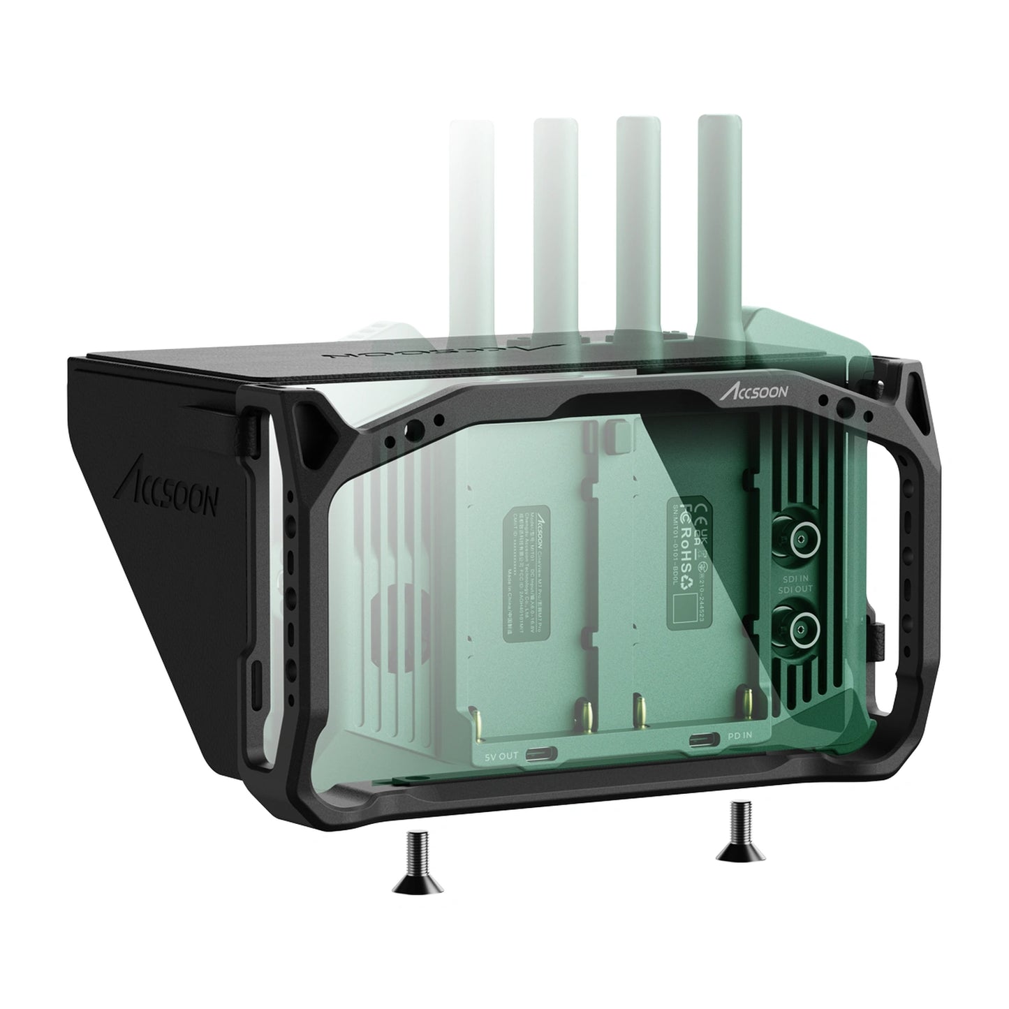 Rear view of Accsoon Cage for CineView M7 and M7 Pro monitor system with hood attached
