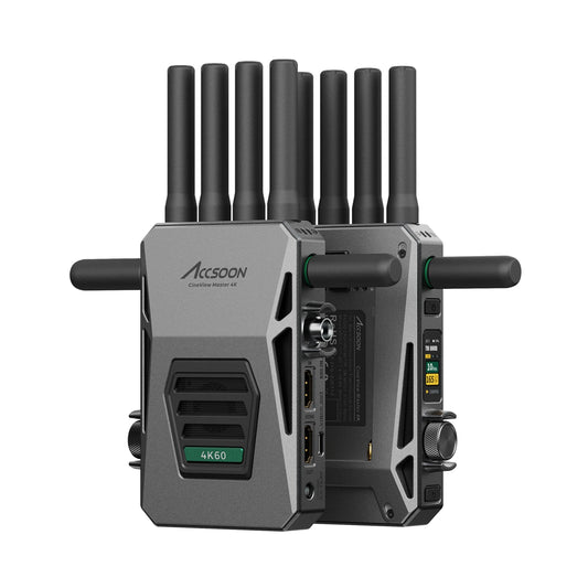 Accsoon CineView Master 4K wireless video transmission system transmitter and receiver with antennas attached, front three-quarter view.