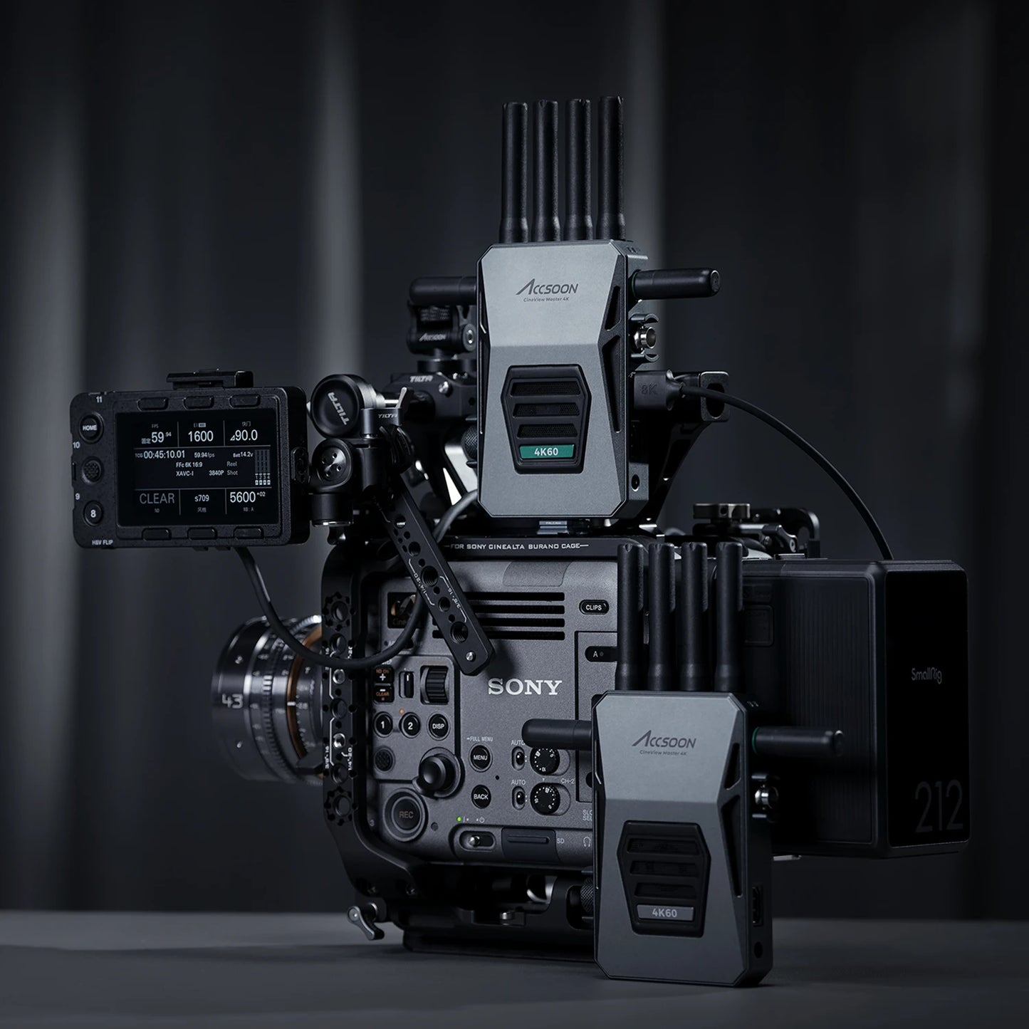 Accsoon CineView Master 4K 4K60 workflow diagram showing input, encode, transmission, decode, loop-out, USB output, recording and livestream signal path.
