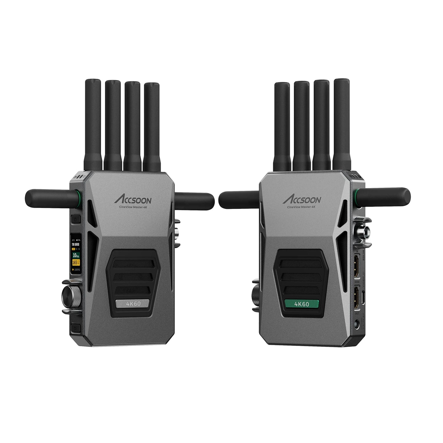 Accsoon CineView Master 4K transmitter and receiver front view showing 4K60 badge and antenna configuration.