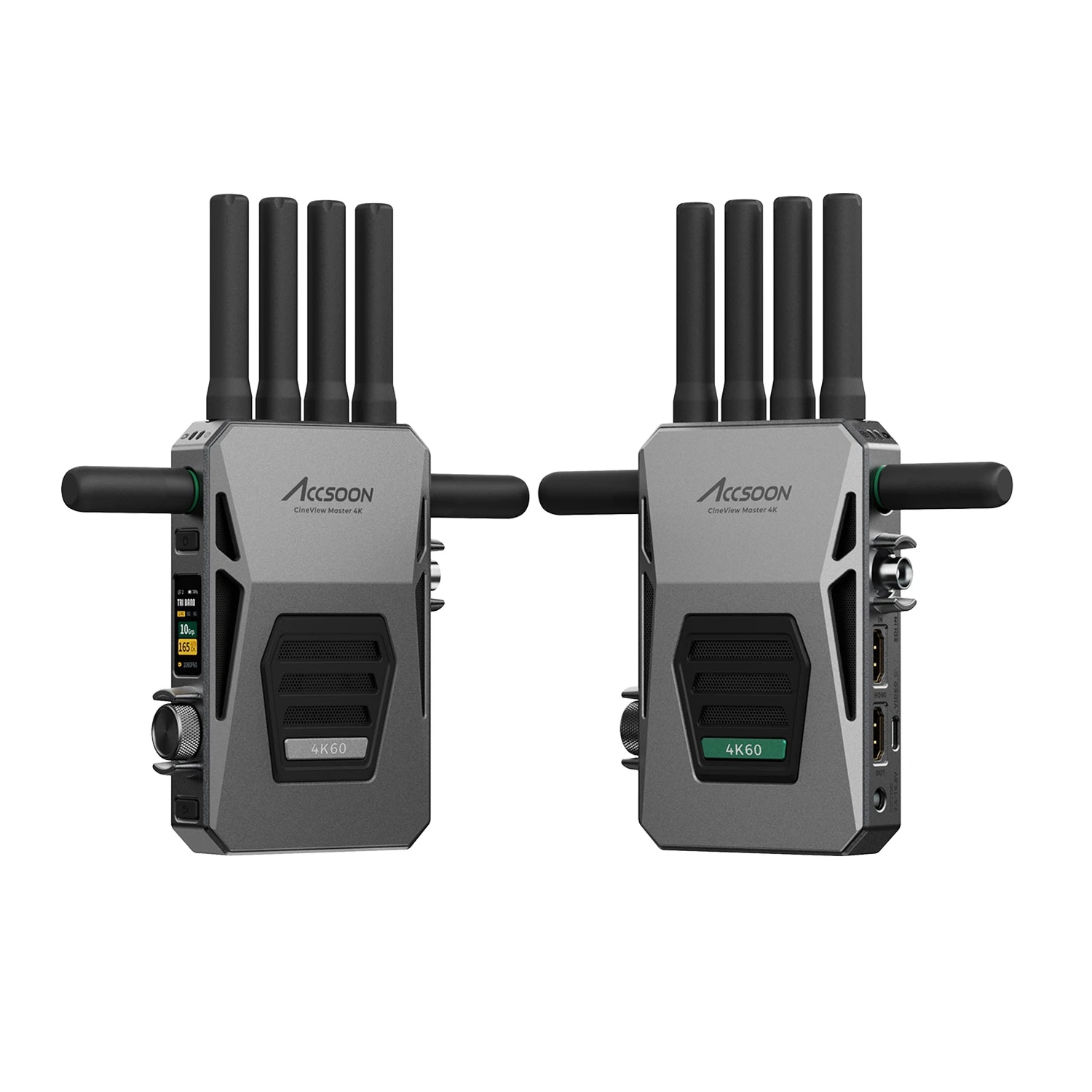 Accsoon CineView Master 4K transmitter and receiver front view showing 4K60 badge and antenna configuration.