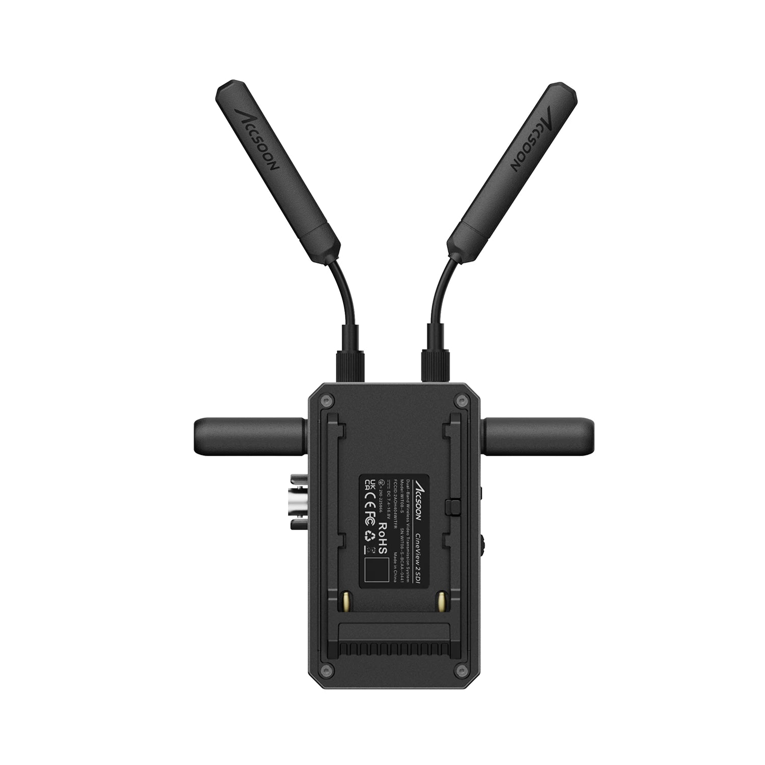 Rear view of Accsoon CineView wireless video unit showing battery plate mount and dual antenna configuration