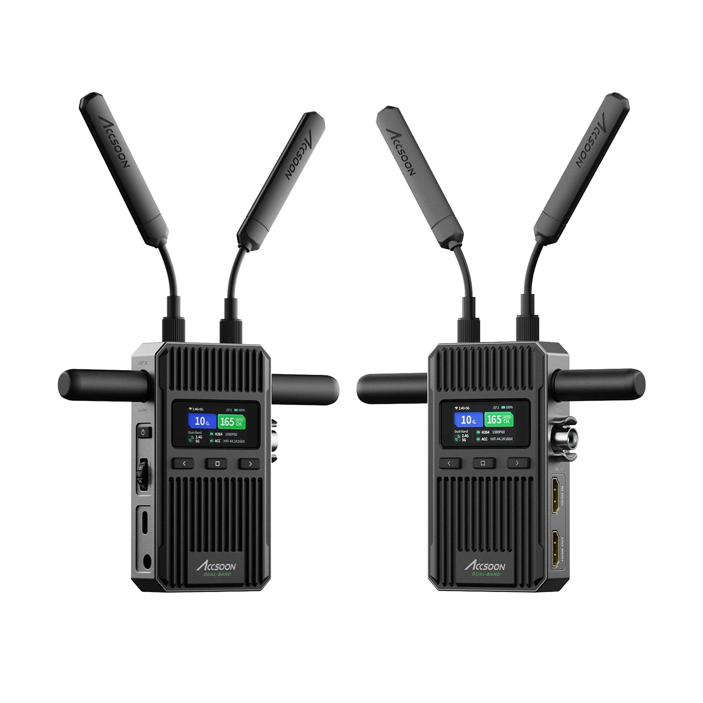 Rear view of Accsoon CineView wireless video unit showing battery plate mount and dual antenna configuration