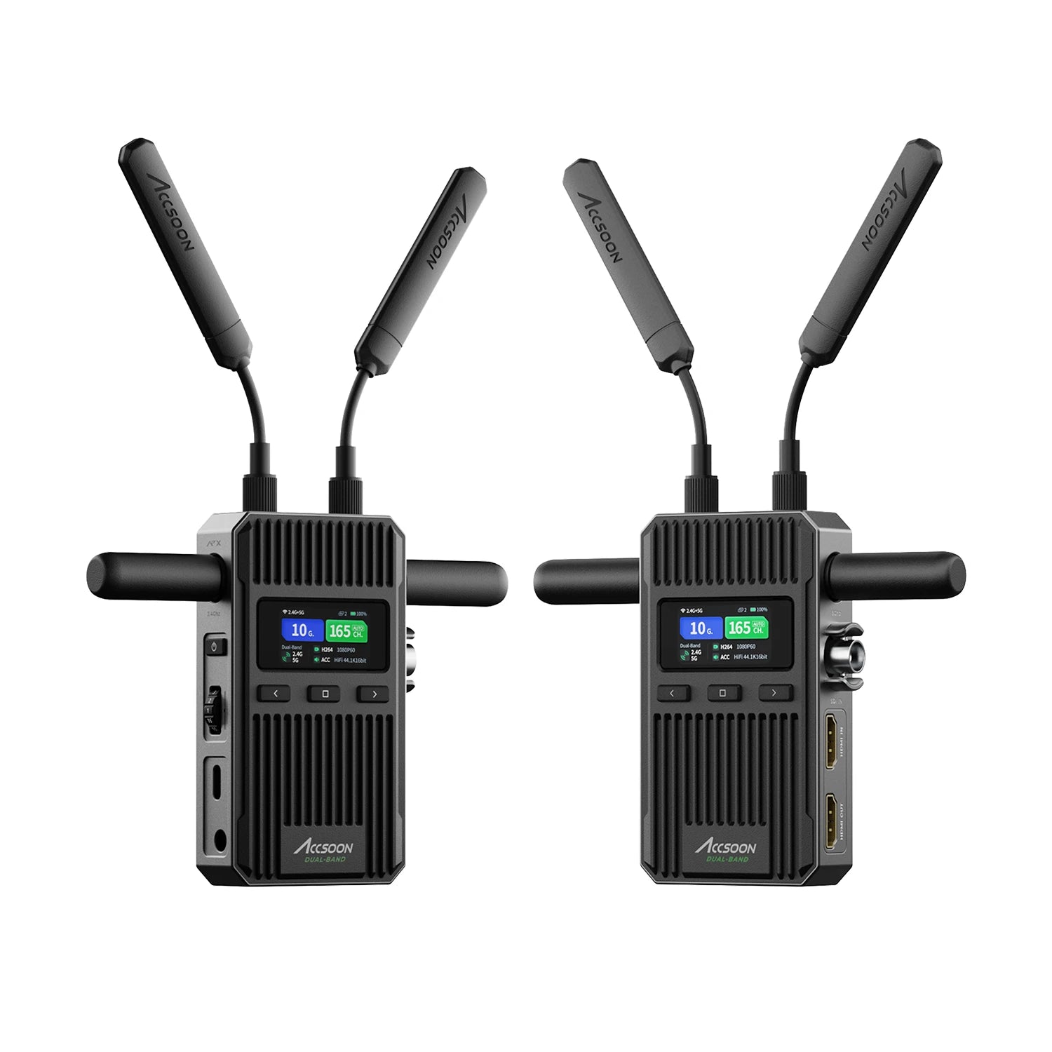 Rear view of Accsoon CineView wireless video unit showing battery plate mount and dual antenna configuration