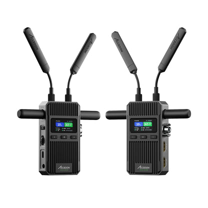 Rear view of Accsoon CineView wireless video unit showing battery plate mount and dual antenna configuration