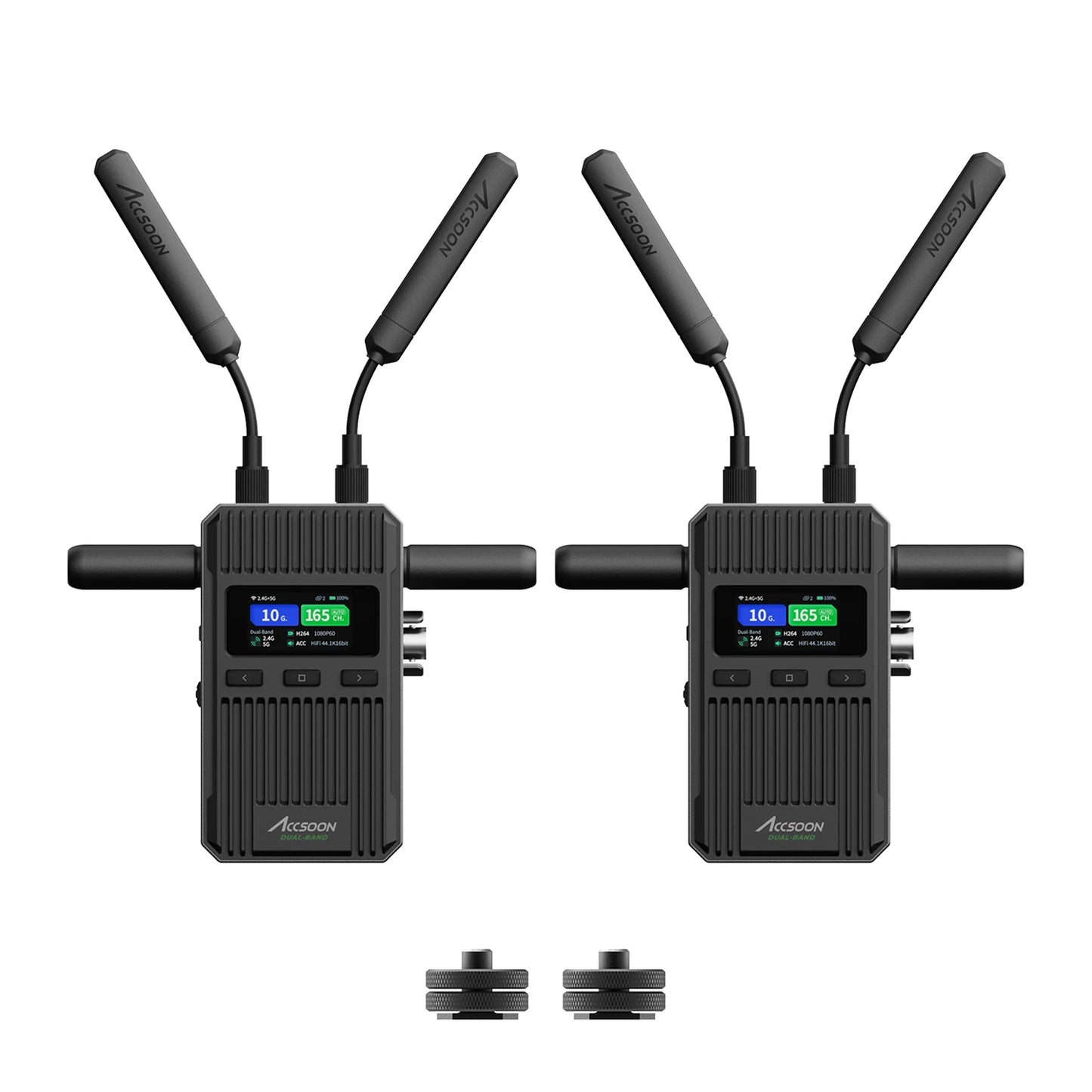Complete Accsoon CineView wireless video transmission kit including transmitter, receiver, dual band antennas and mounting adapters