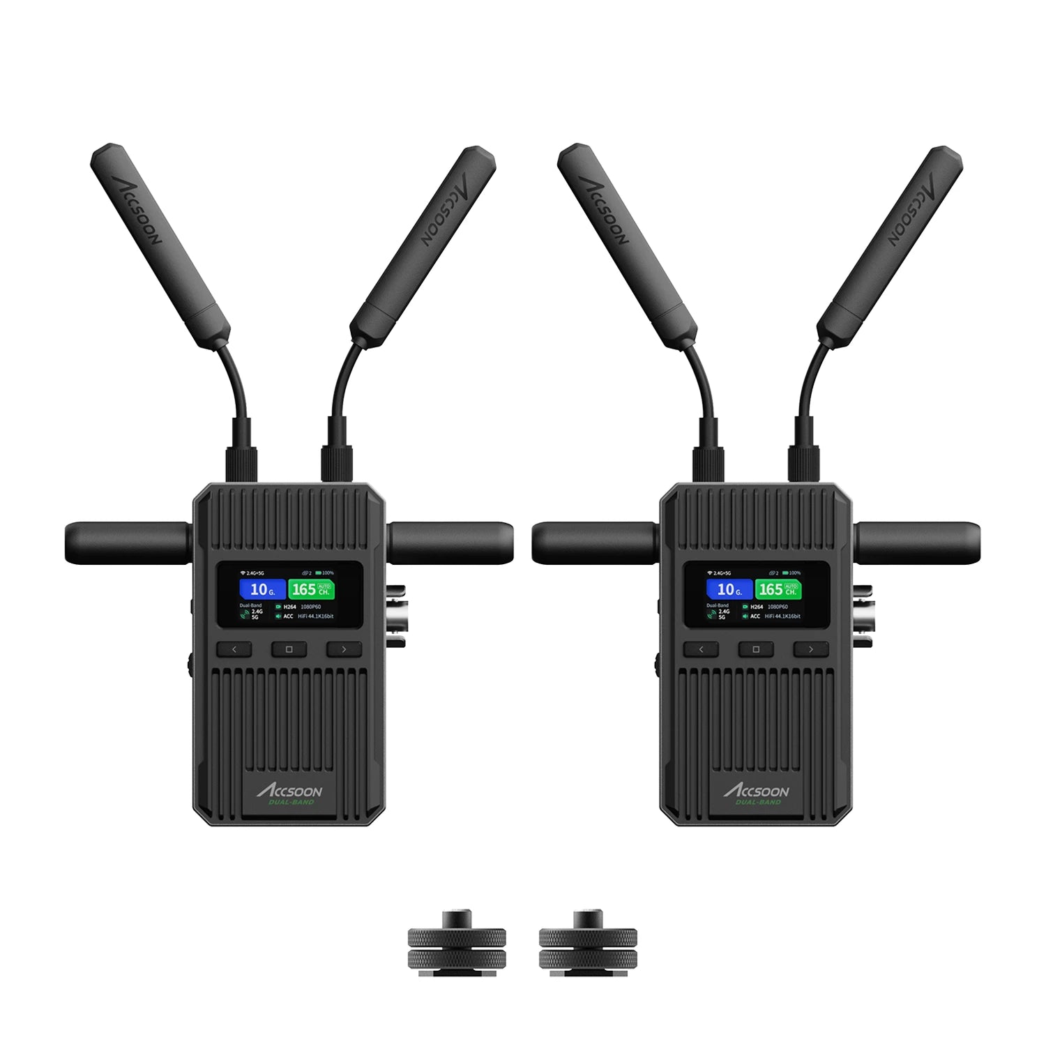 Complete Accsoon CineView wireless video transmission kit including transmitter, receiver, dual band antennas and mounting adapters
