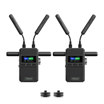 Complete Accsoon CineView wireless video transmission kit including transmitter, receiver, dual band antennas and mounting adapters