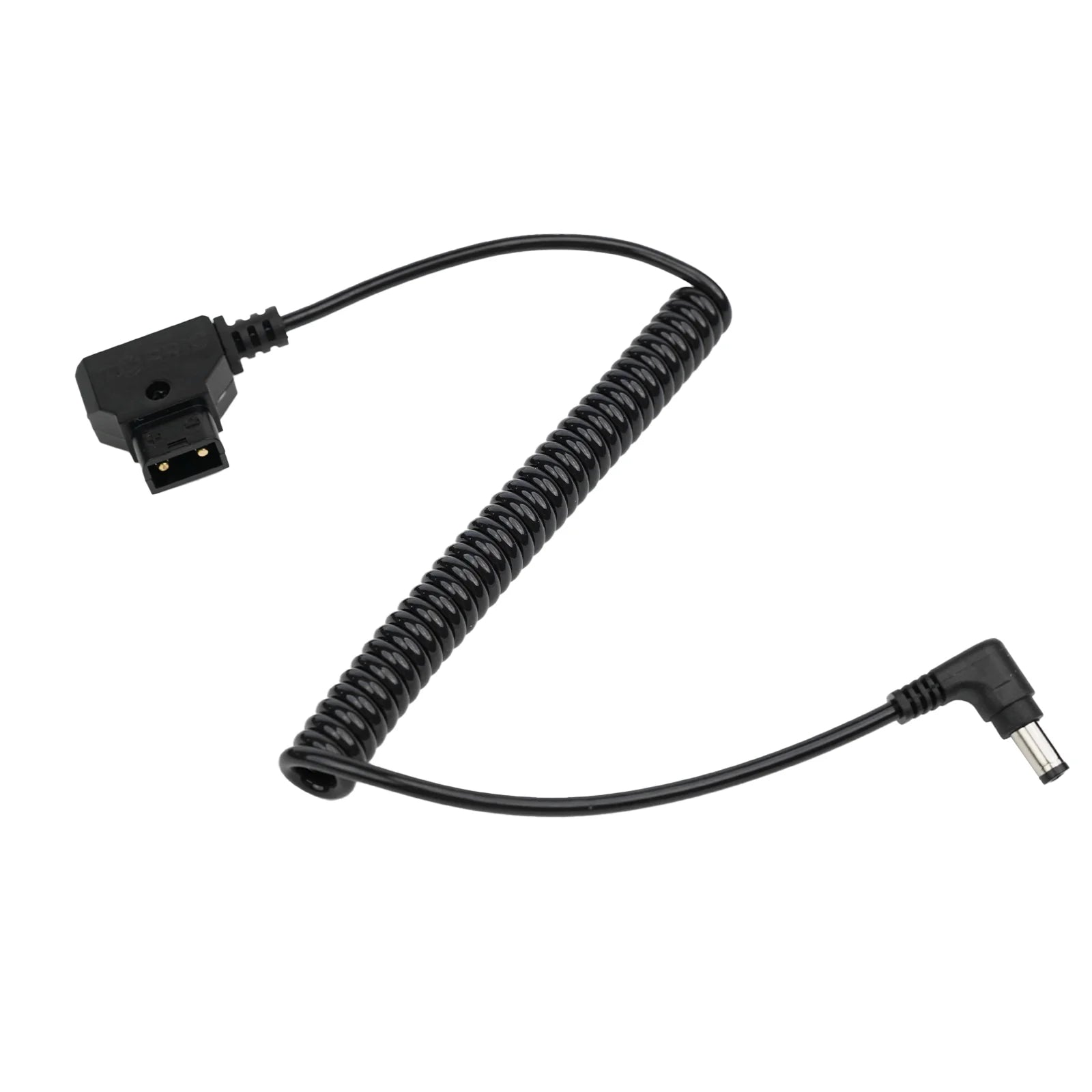 Angled view of Accsoon D-Tap to DC coiled power cable for camera and wireless video systems