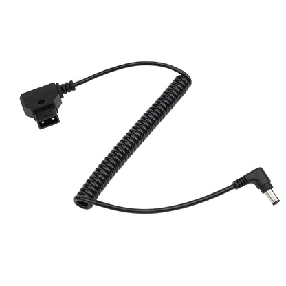 Angled view of Accsoon D-Tap to DC coiled power cable for camera and wireless video systems