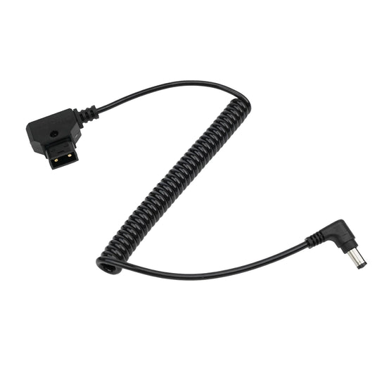 Angled view of Accsoon D-Tap to DC coiled power cable for camera and wireless video systems