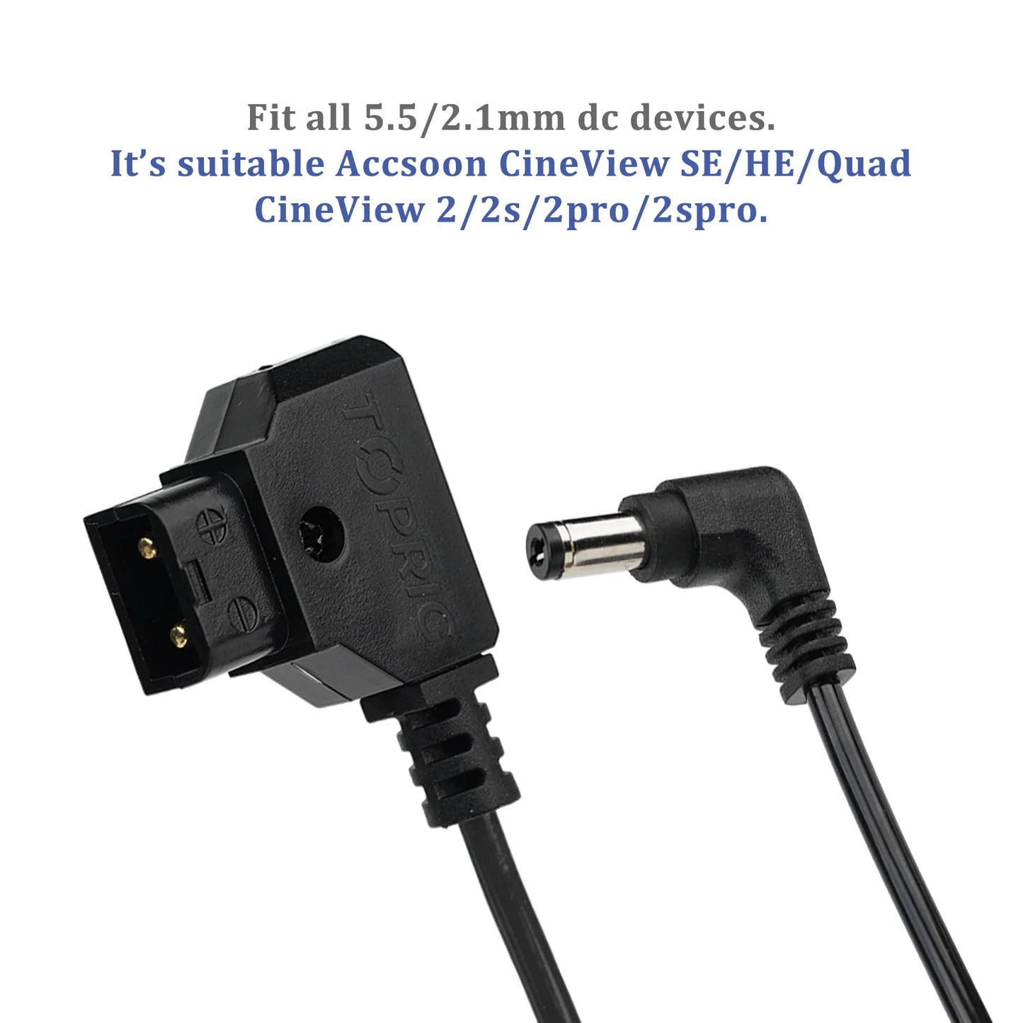 Close-up of Accsoon D-Tap to DC cable showing D-Tap and 5.5x2.1mm DC connectors