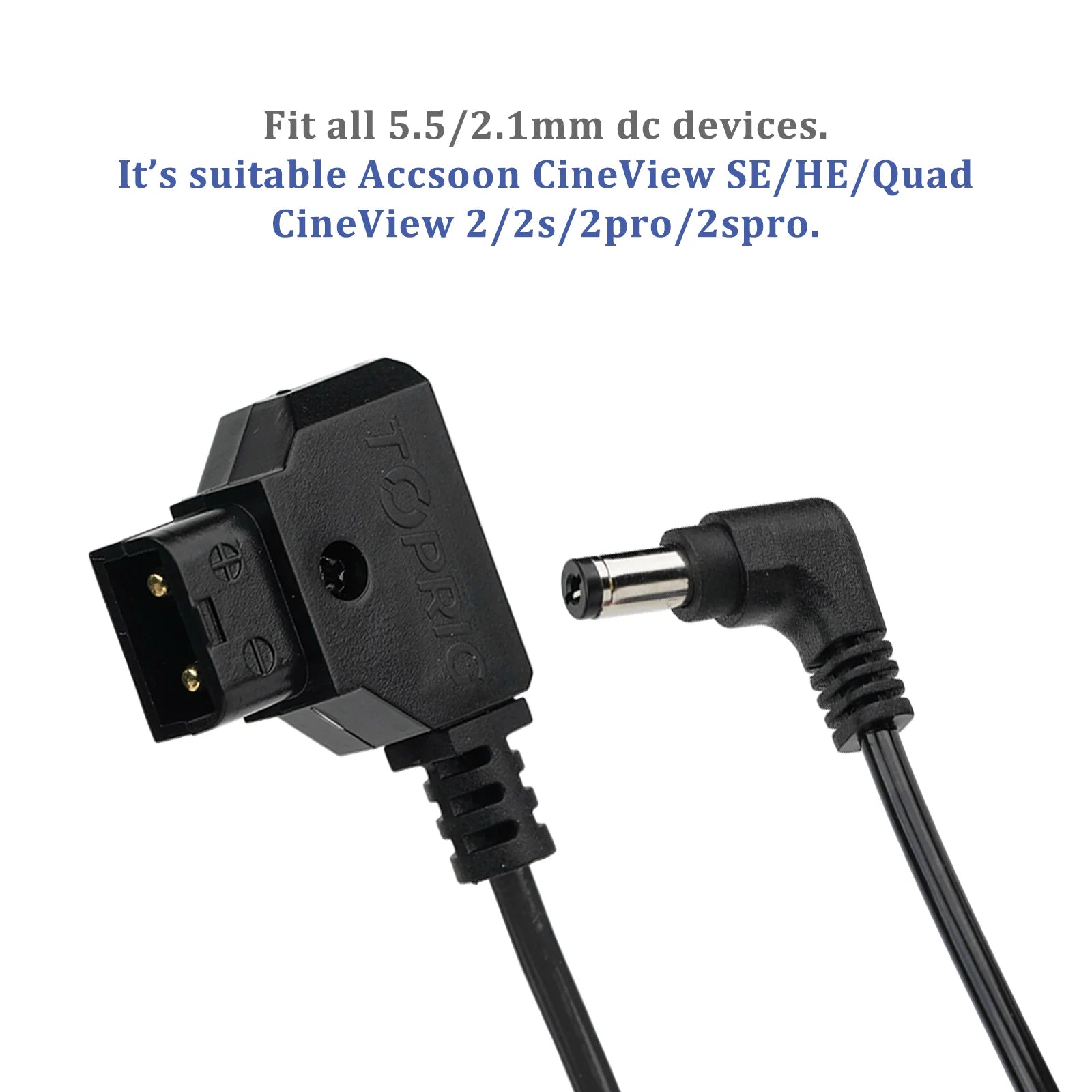 Close-up of Accsoon D-Tap to DC cable showing D-Tap and 5.5x2.1mm DC connectors