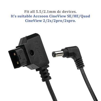 Close-up of Accsoon D-Tap to DC cable showing D-Tap and 5.5x2.1mm DC connectors