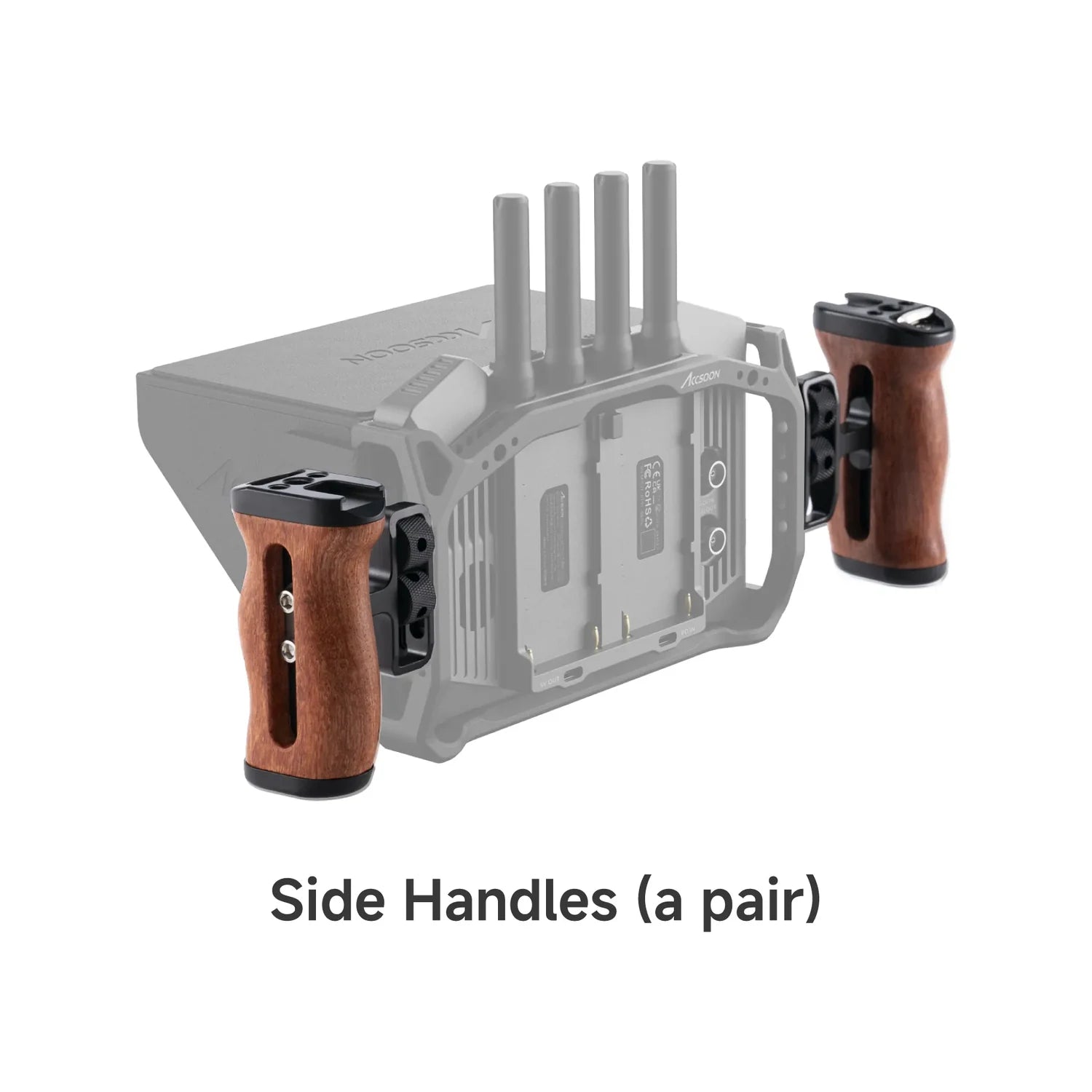 Accsoon wooden side handles mounted on wireless monitor system