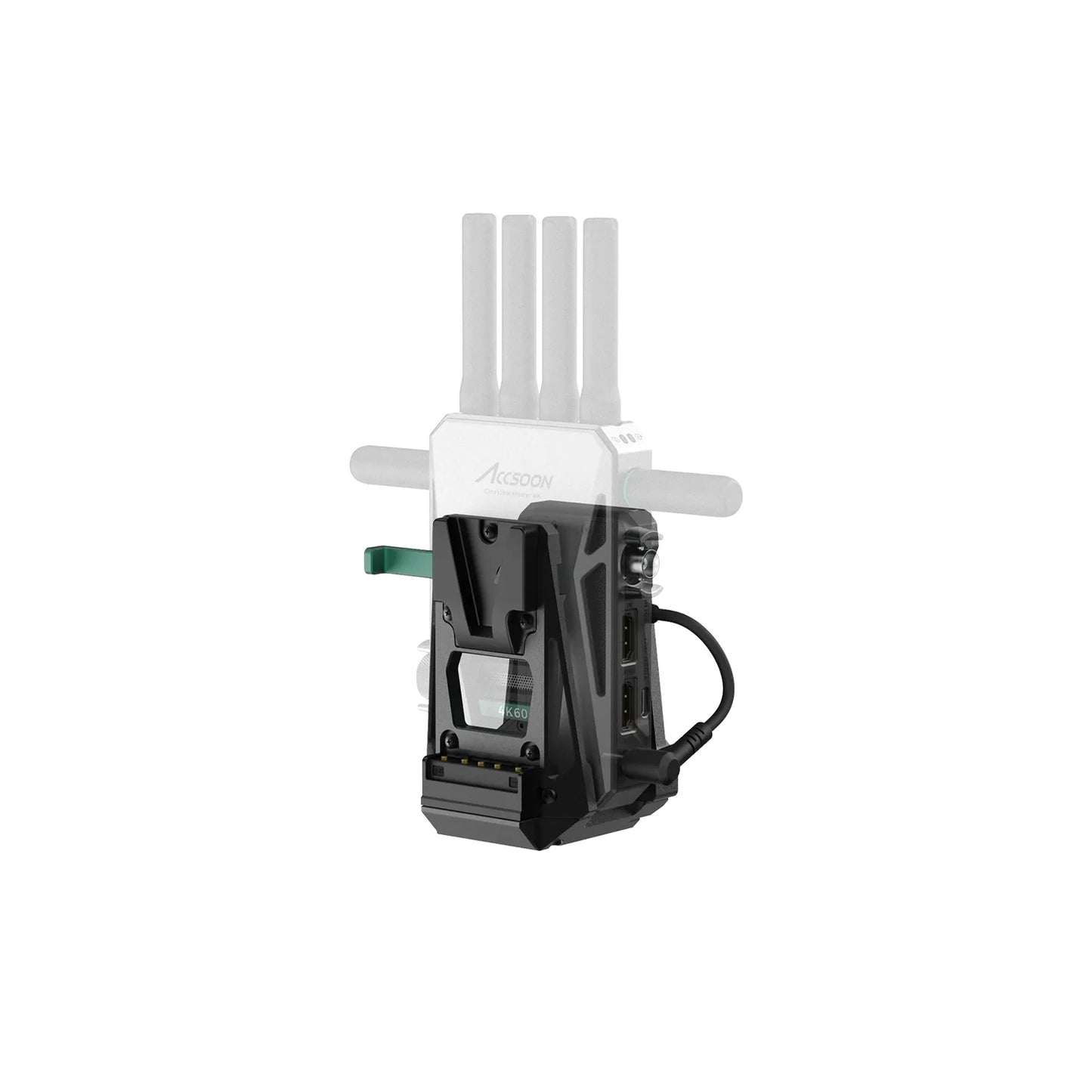 Accsoon V-Lock Adapter mounted on Accsoon CineView Master 4K wireless video transmitter