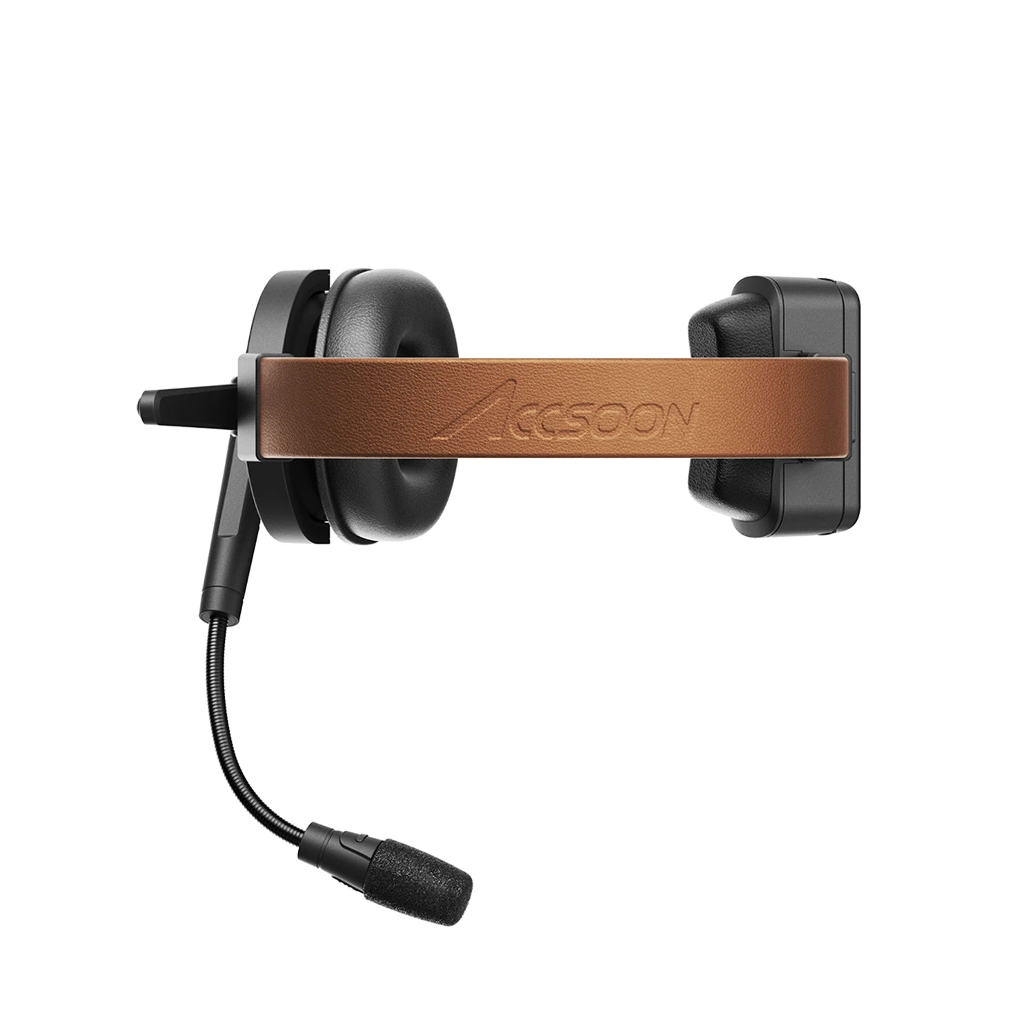 Top view of Accsoon wireless intercom headset showing leather padded headband and flexible microphone arm
