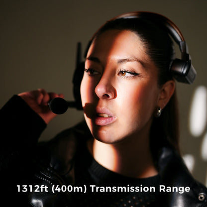 Accsoon wireless intercom headset showing 1312ft 400m transmission range for long-distance crew communication