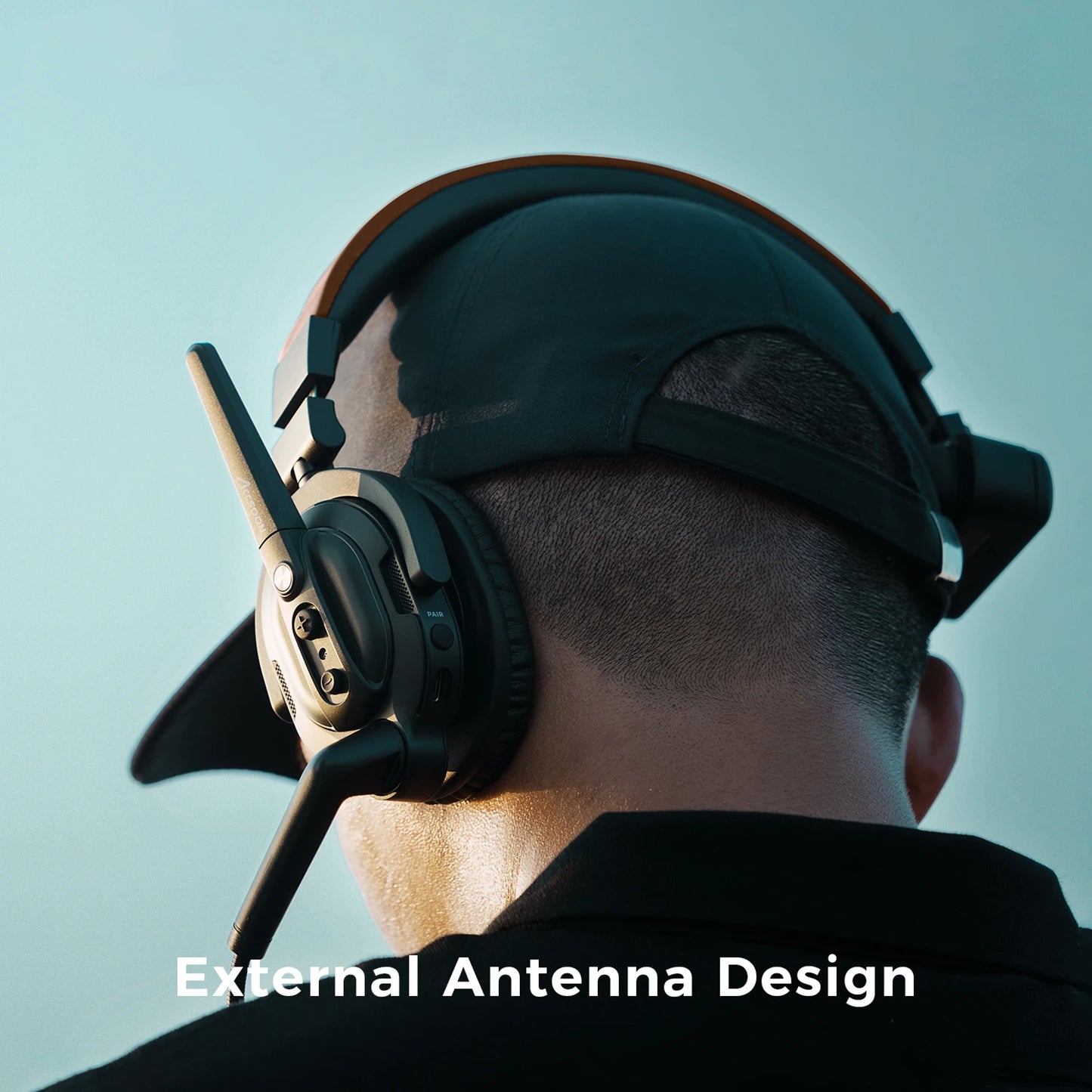 Accsoon wireless intercom headset worn by crew member showing external antenna design for extended transmission range