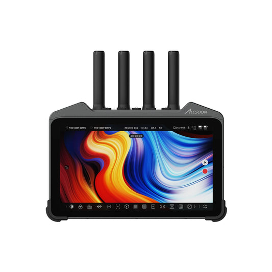 Accsoon wireless on-camera monitor front view with touchscreen display and dual band antennas for video transmission
