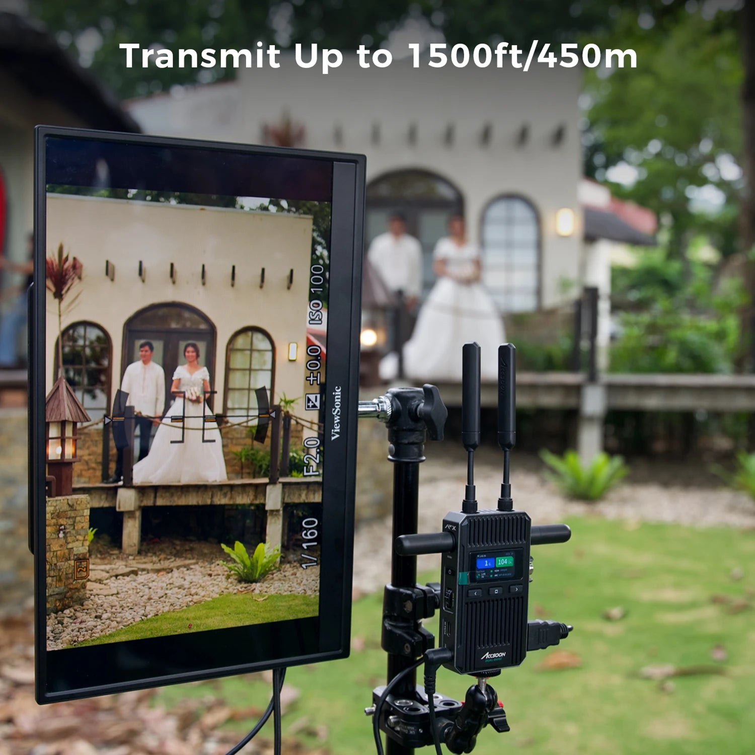 Accsoon wireless video transmitter and field monitor setup showing up to 1500ft 450m transmission range for professional film production