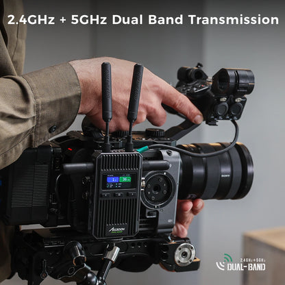 Accsoon wireless video transmitter mounted on cinema camera showing 2.4GHz and 5GHz dual band transmission antennas for stable signal performance