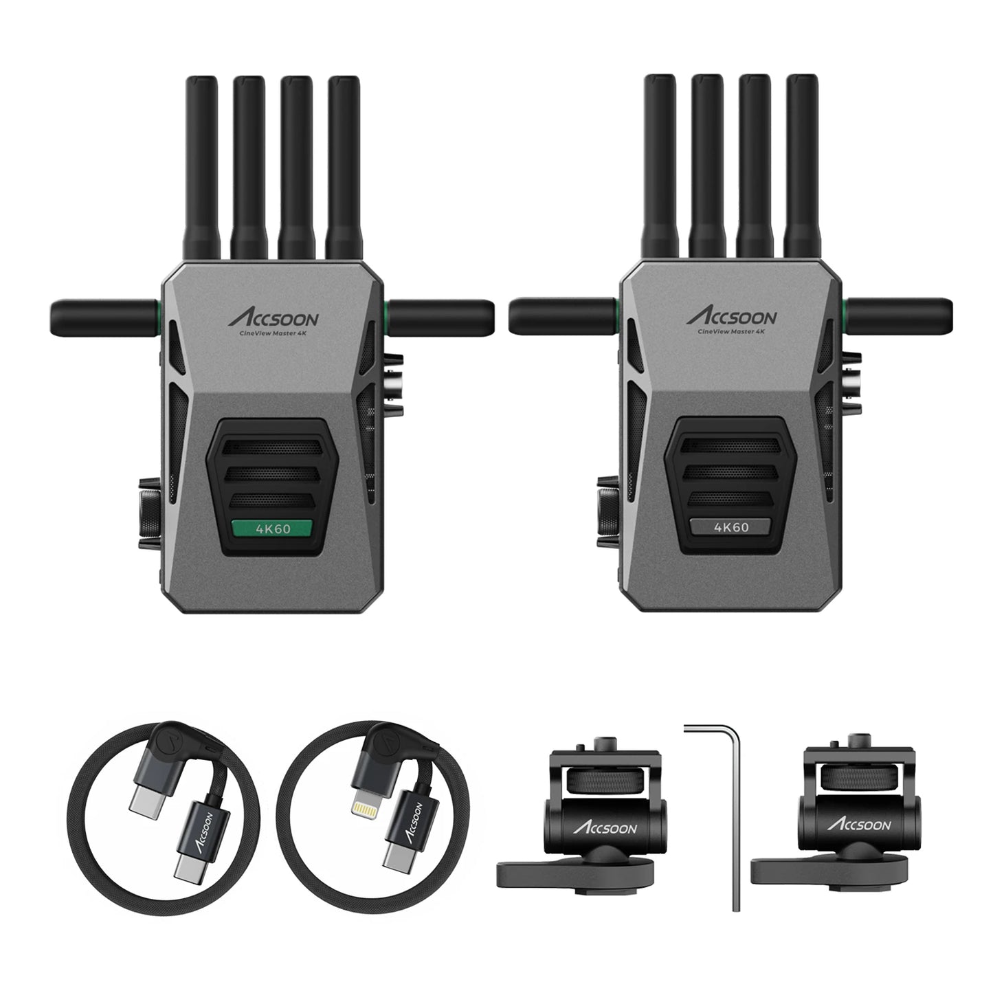 Accsoon CineView Master 4K kit contents including transmitter, receiver, antennas, USB-C cables, mounting adapters and accessories.