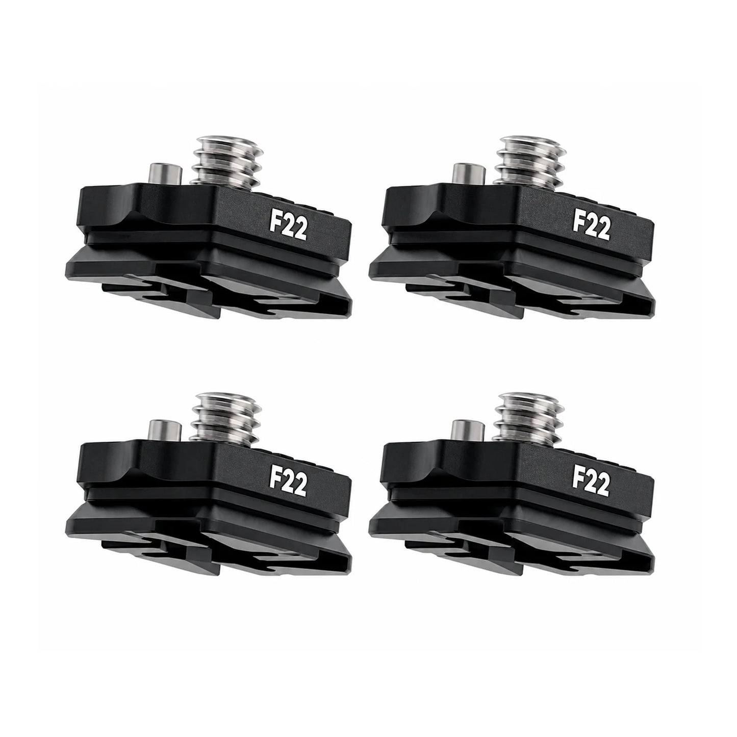 DigitalFoto F22 quick release kit four pack on white background for camera rig and filmmaking accessory mounting